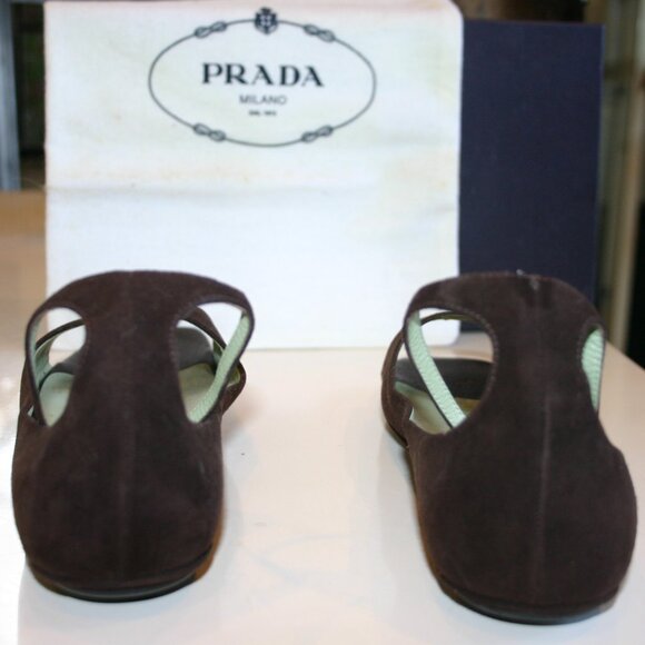 PRADA Itay Size 8M Vintage Dark Brown Suede FLATS Open Toe Ankle Strap Worn 1x - Picture 6 of 9